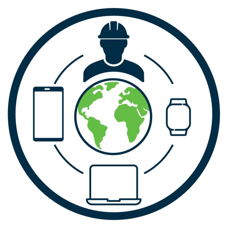 Rundes Symbol mit einem Globus, welcher von einem Bauarbeiter und technischen Geräten umrandet ist. 