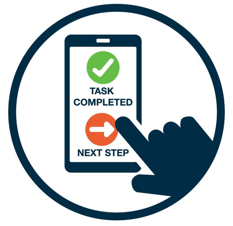 Symbol zeigt einen Smartphone-Bildschirm und eine Hand. Auf dem Bildschirm leuchtet ein grünes Häkchen mit der Aufschrift „Task completed“. 