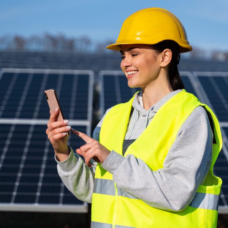 Bauarbeiterin tippt auf einem Handy, hinter ihr Solarpaneele.