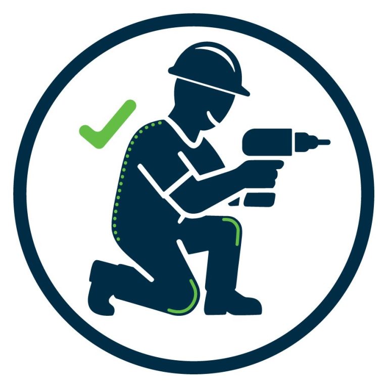 Symbol zeigt einen knienden Arbeiter mit Werkzeug. Sein Rücken und seine Knie sind grün markiert als Zeichen einer gesunden Haltung.
