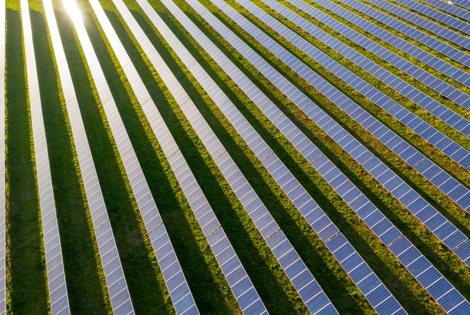 Eine große Freifeldanlage mit Reihen von Solarpaneelen
