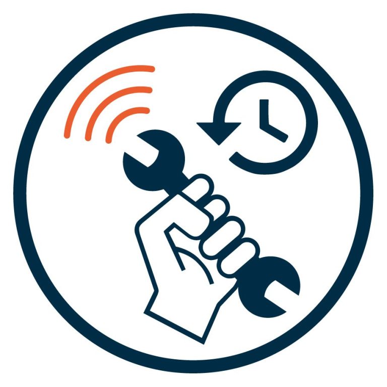 Symbol einer Hand, die einen Schraubenschlüssel hält, zudem sieht man ein WLAN-Symbol und eine Uhr