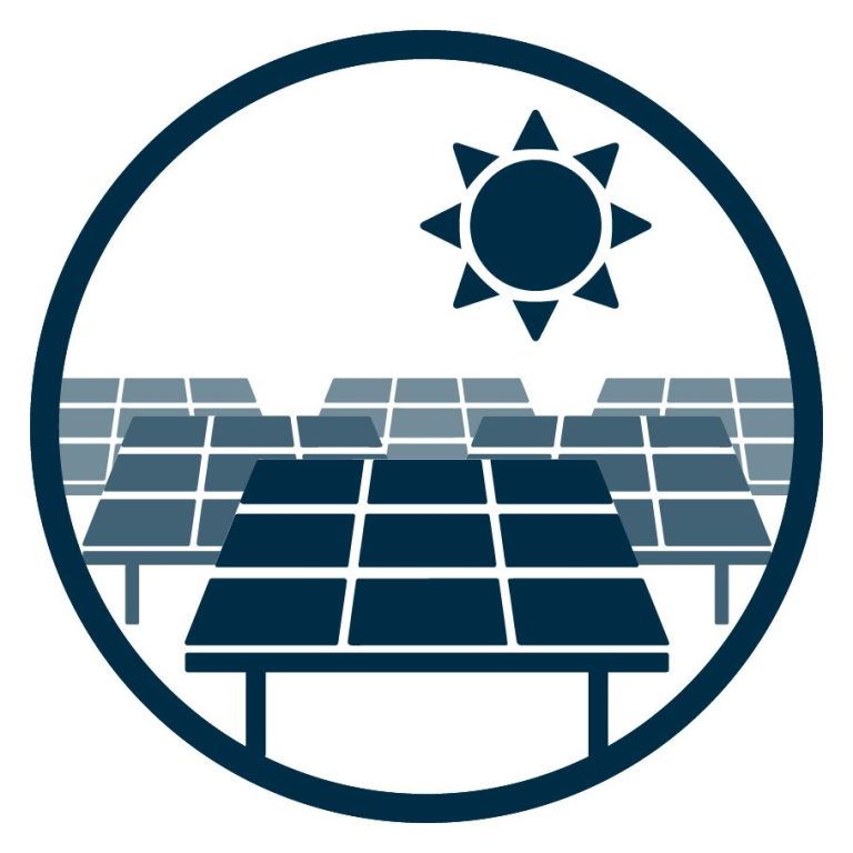 Symbol mit mehreren Reihen von Solarmodulen, darüber eine Sonne