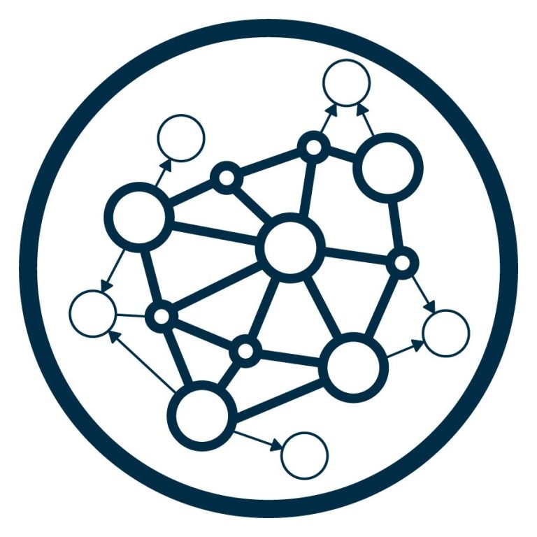 Rundes Netzwerksymbol mit Kreisen die durch Pfeile verbunden sind.